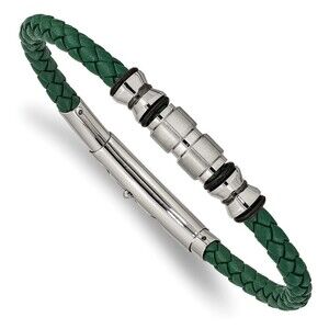 Steel Brushed IP-PLT Rubber Braided Leather Adjustable 7.75 to 8.25in Bracelet